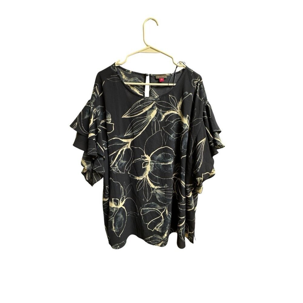 Vince Camuto 2X Navy Floral Cold Shoulder Blouse Flowy Short Sleeve